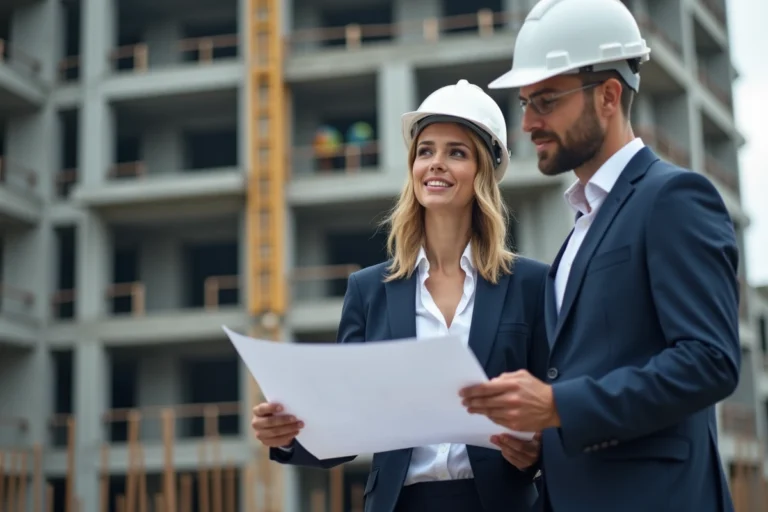 Professionnelle en gestion de projet immobilier analysant des plans d'architecte sur un chantier de construction