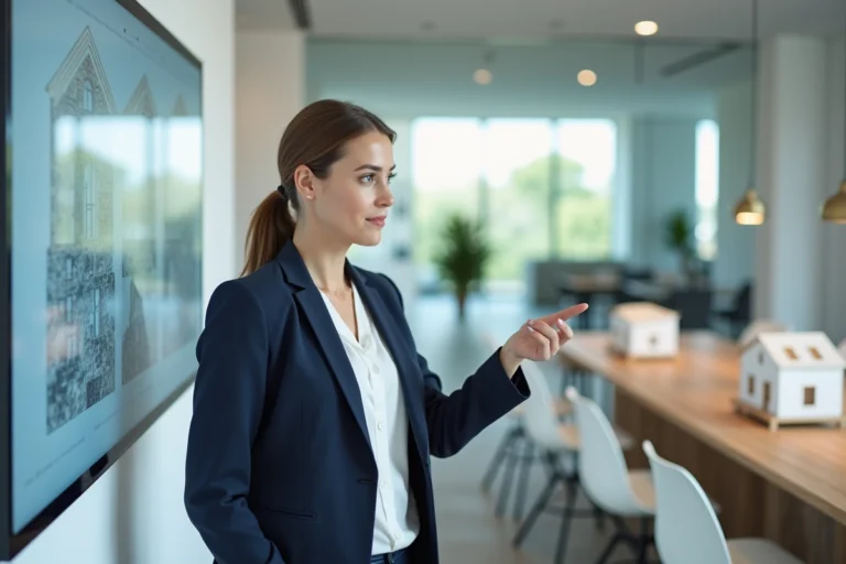 Agente immobilière professionnelle consultant des annonces sur un écran tactile dans une agence moderne et innovante