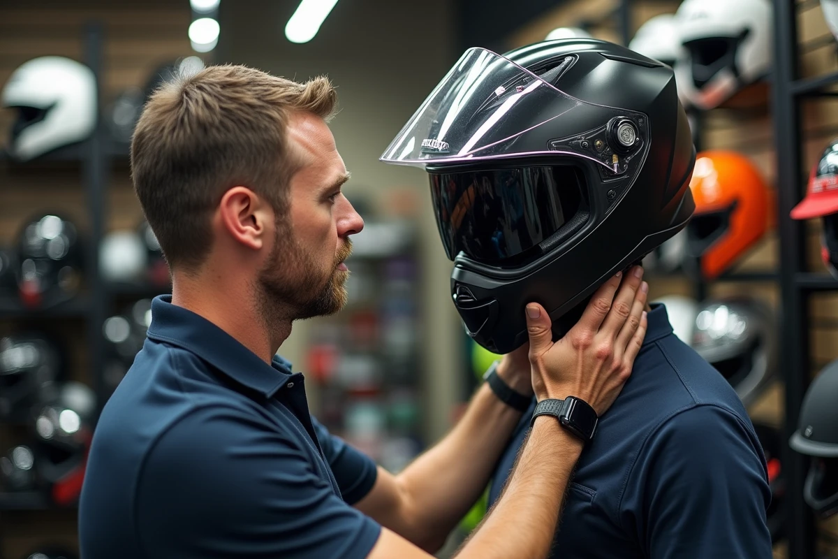 Vendeur spécialisé ajustant un casque moto modulable sur la tête d'un client pour éviter les points de pression