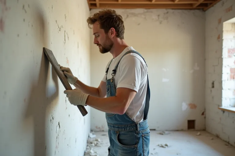 Artisan en salopette appliquant un enduit sur un mur en cours de rénovation intérieure