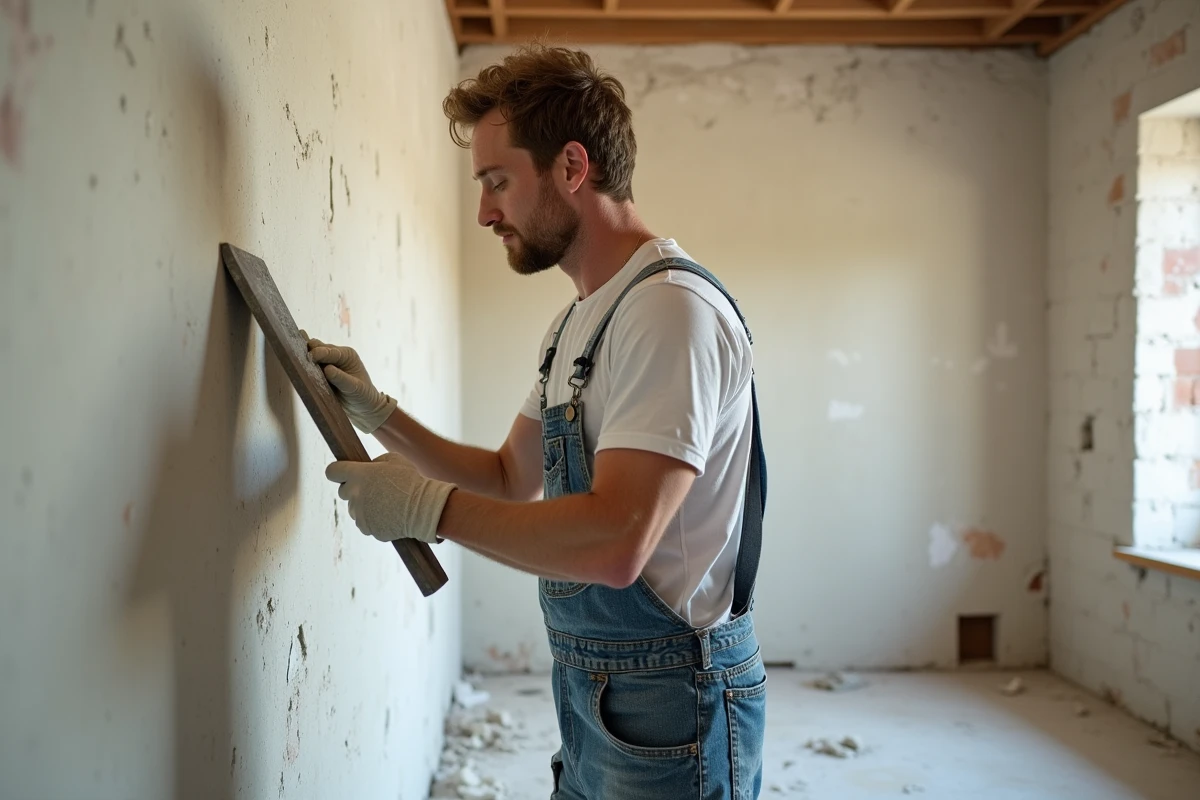 Artisan en salopette appliquant un enduit sur un mur en cours de rénovation intérieure