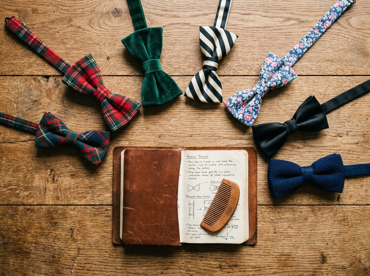 Assortiment de nœuds papillons en différents tissus et motifs posés à plat sur une table en chêne rustique avec un carnet de style vintage