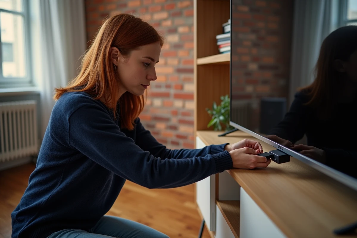 Femme branchant le Mi TV Stick dans le port HDMI d'un téléviseur pour recevoir les chaînes TV