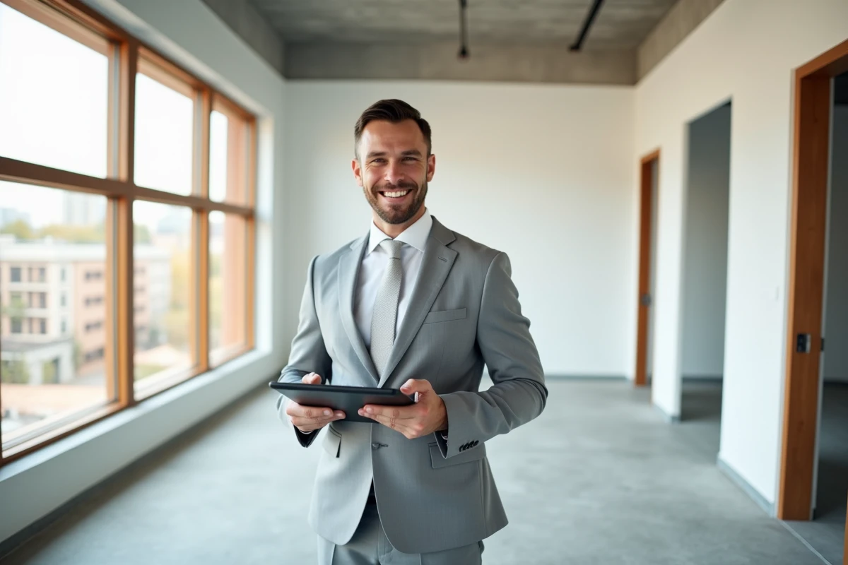 Chef de projet immobilier consultant un tableau de bord numérique dans un appartement neuf livré