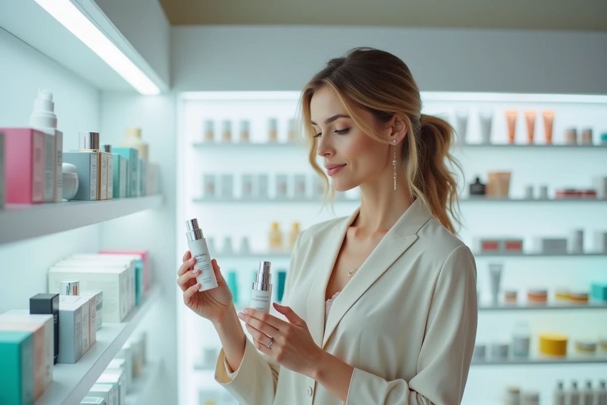 Femme comparant des produits de soin dans un rayon de parapharmacie pour choisir le meilleur sérum visage