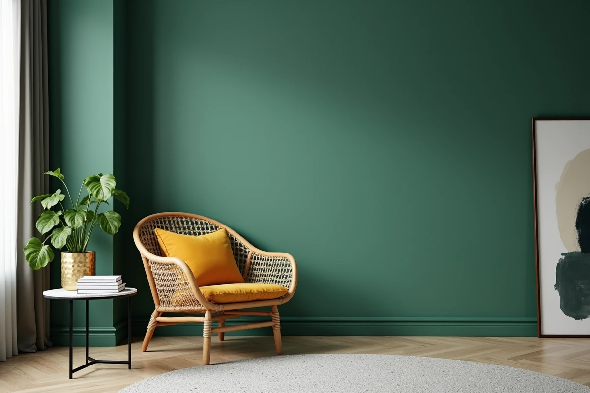 Coin salon modernement décoré avec mur vert forêt, fauteuil en rotin vintage et plante verte dans un pot en laiton martelé