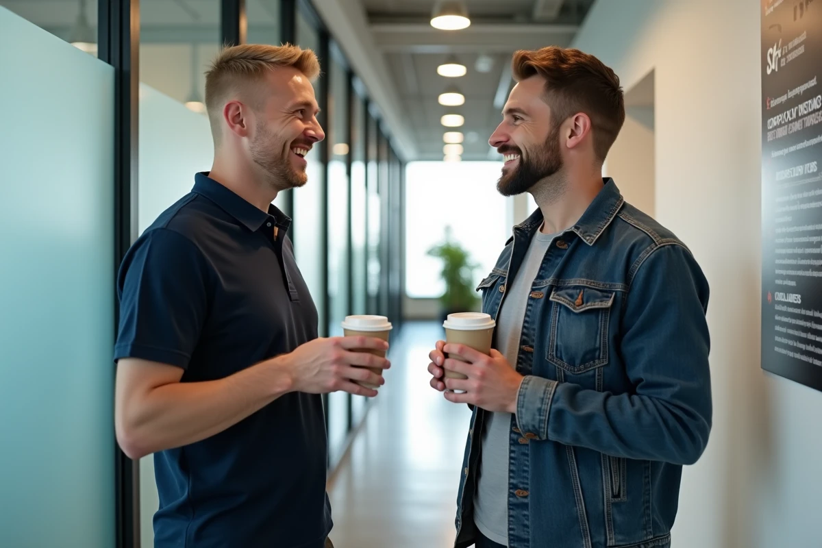 Deux collègues d'une start-up automobile discutant dans un couloir de bureaux modernes, illustrant l'ambiance conviviale et la croissance de Capcar