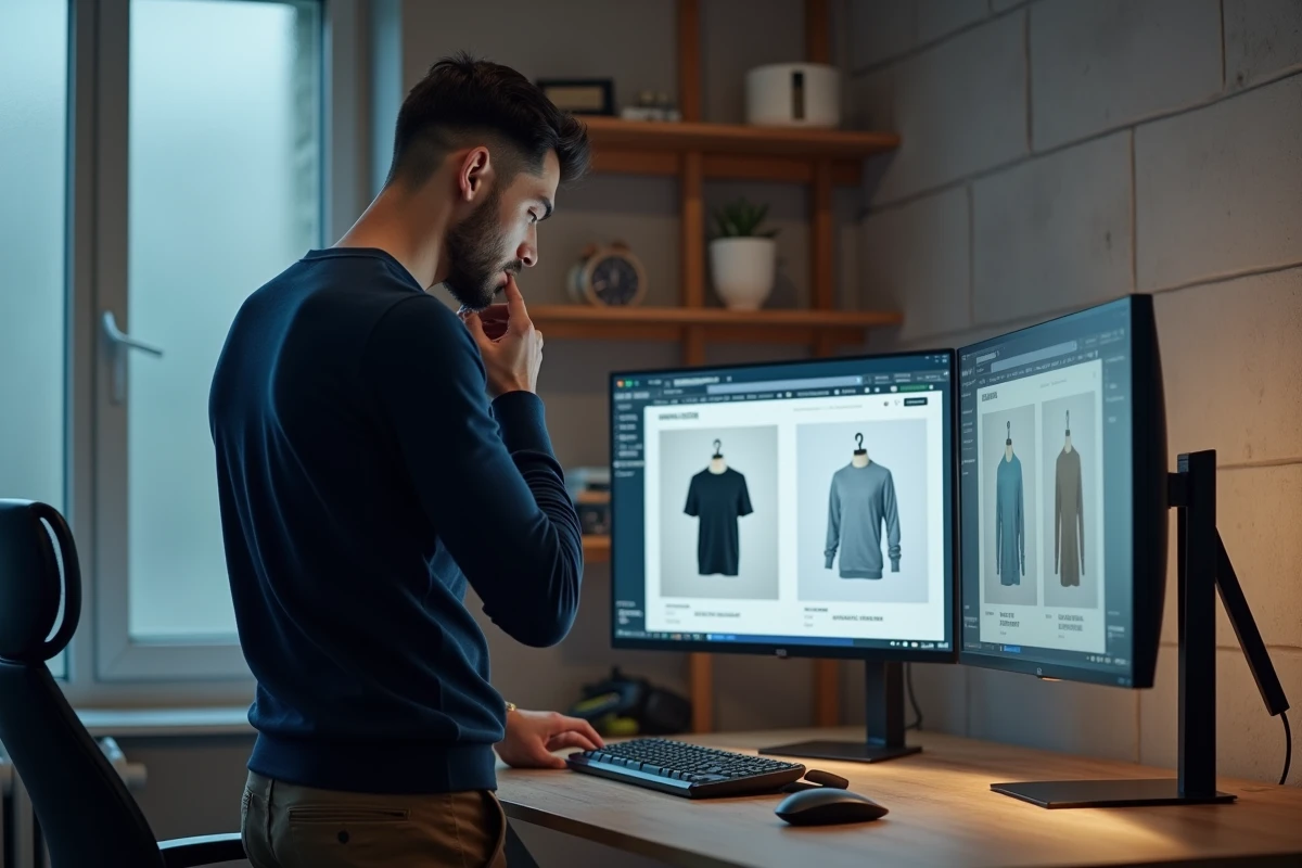 Homme comparant des vêtements sur deux fenêtres de navigateur depuis son bureau à domicile, illustrant les conseils pour bien choisir ses achats mode en ligne