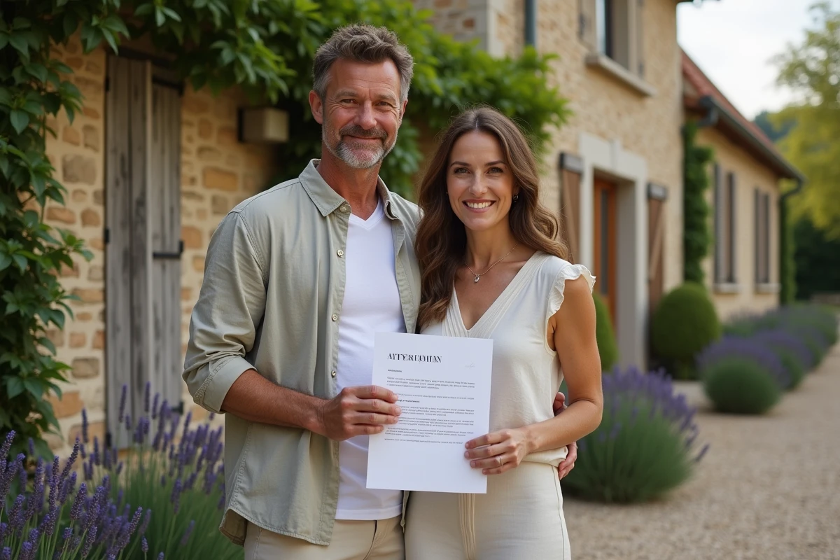 Couple tenant une attestation de villégiature devant leur location de vacances en pierre