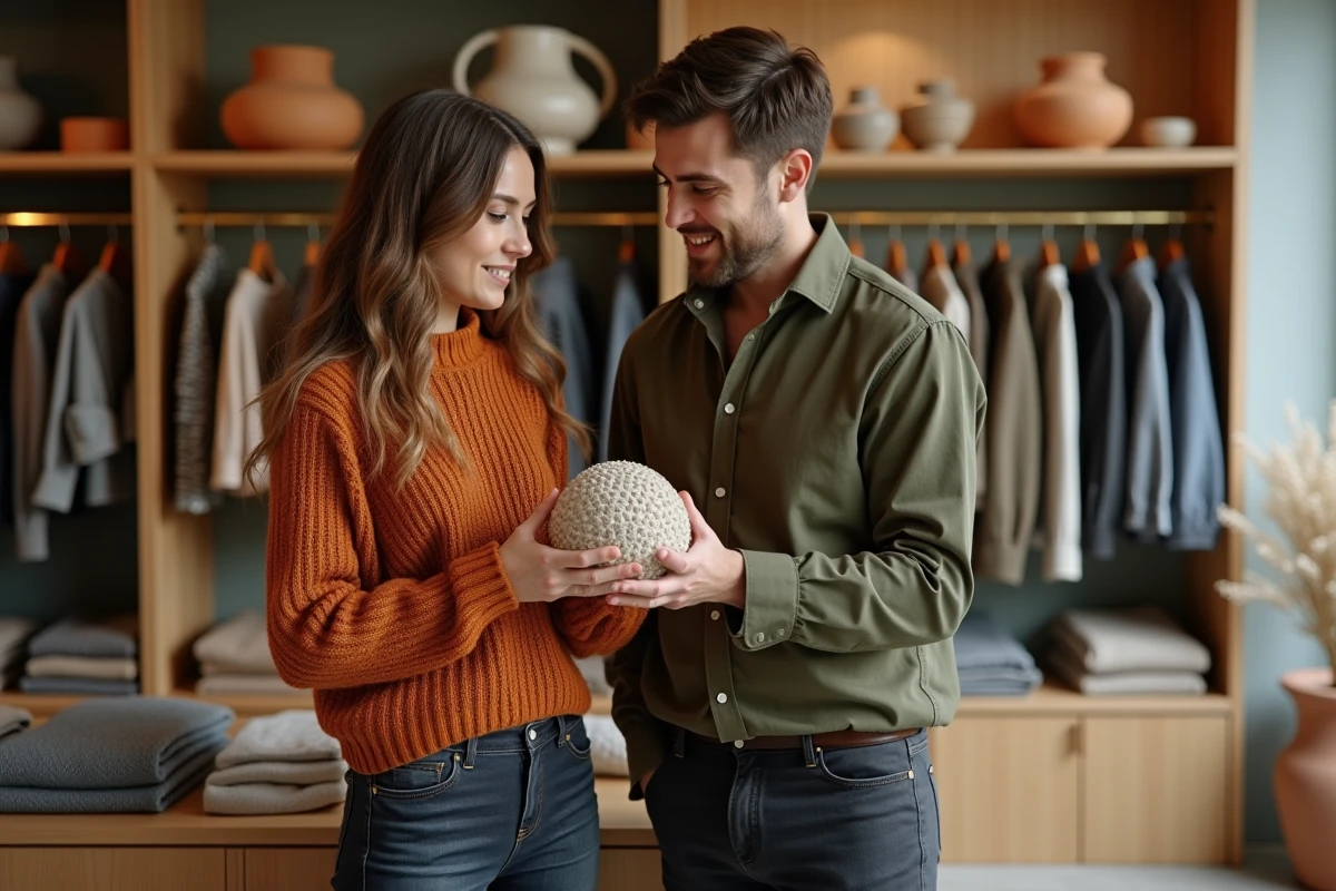 Couple découvrant des tendances mode et décoration dans un concept store branché aux étagères en bois et objets artisanaux
