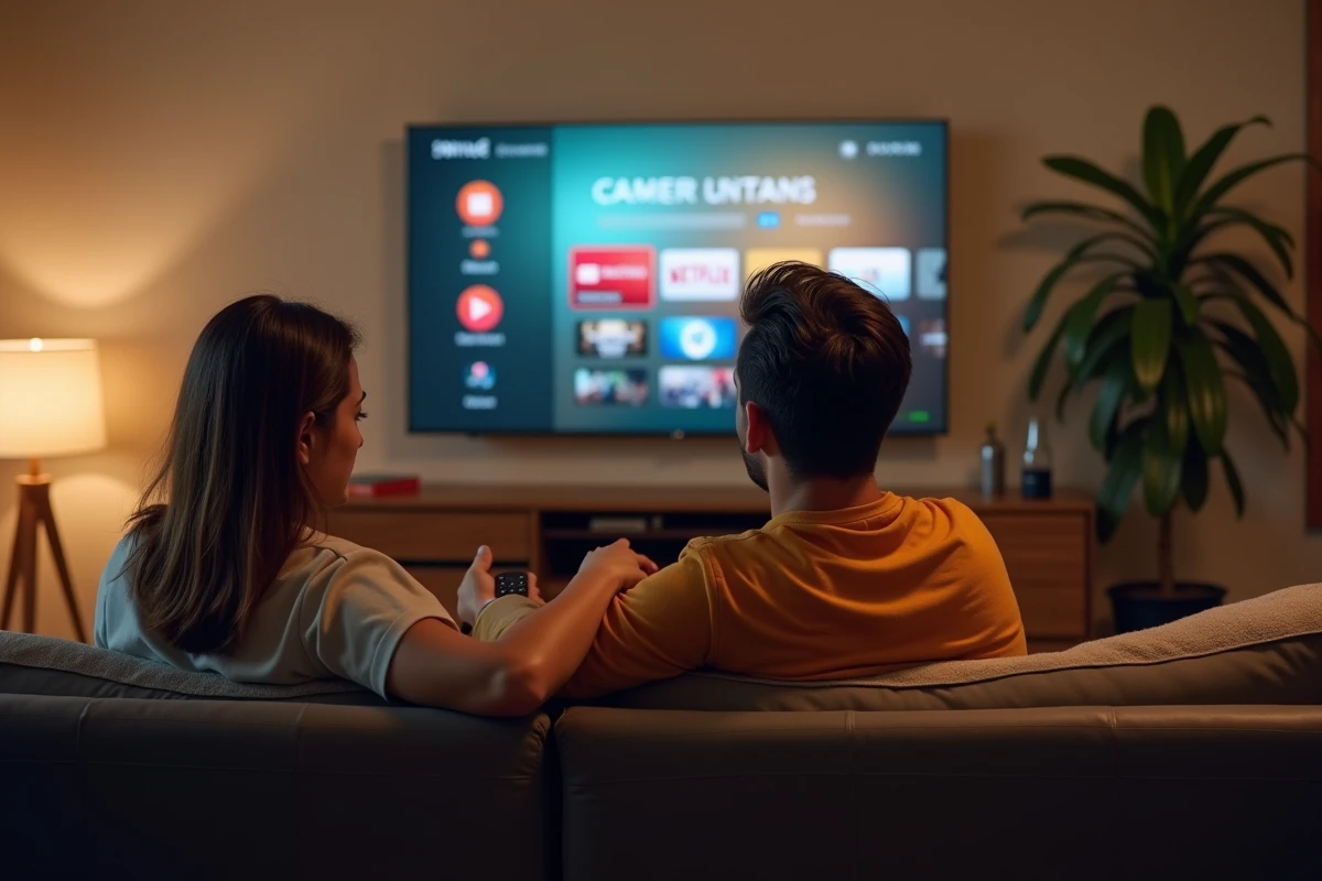 Couple regardant l'interface du Mi TV Stick sur leur télévision murale pour naviguer parmi les chaînes disponibles