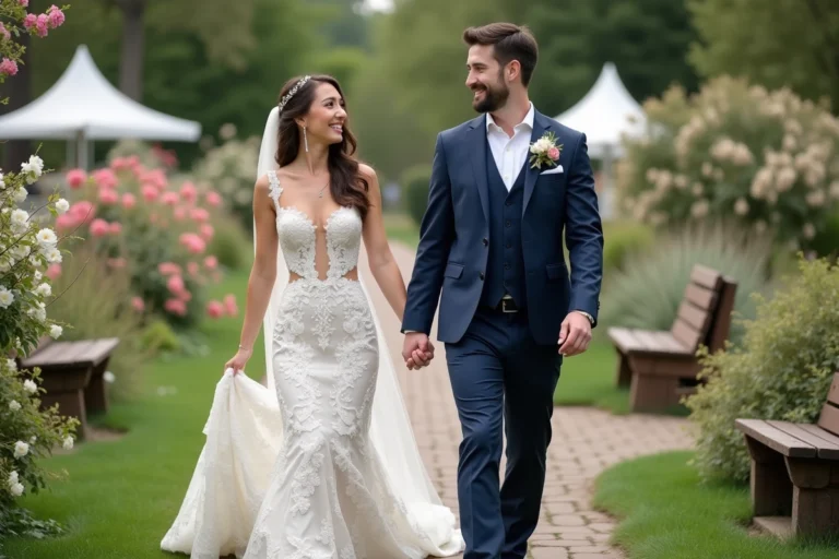Jeune couple marié dans un jardin fleuri au printemps