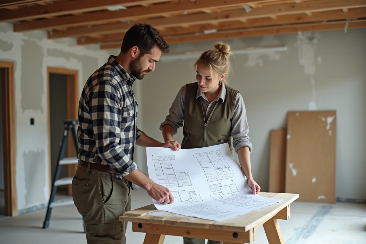 Couple étudiant des plans de rénovation dans un espace de vie en cours d'aménagement