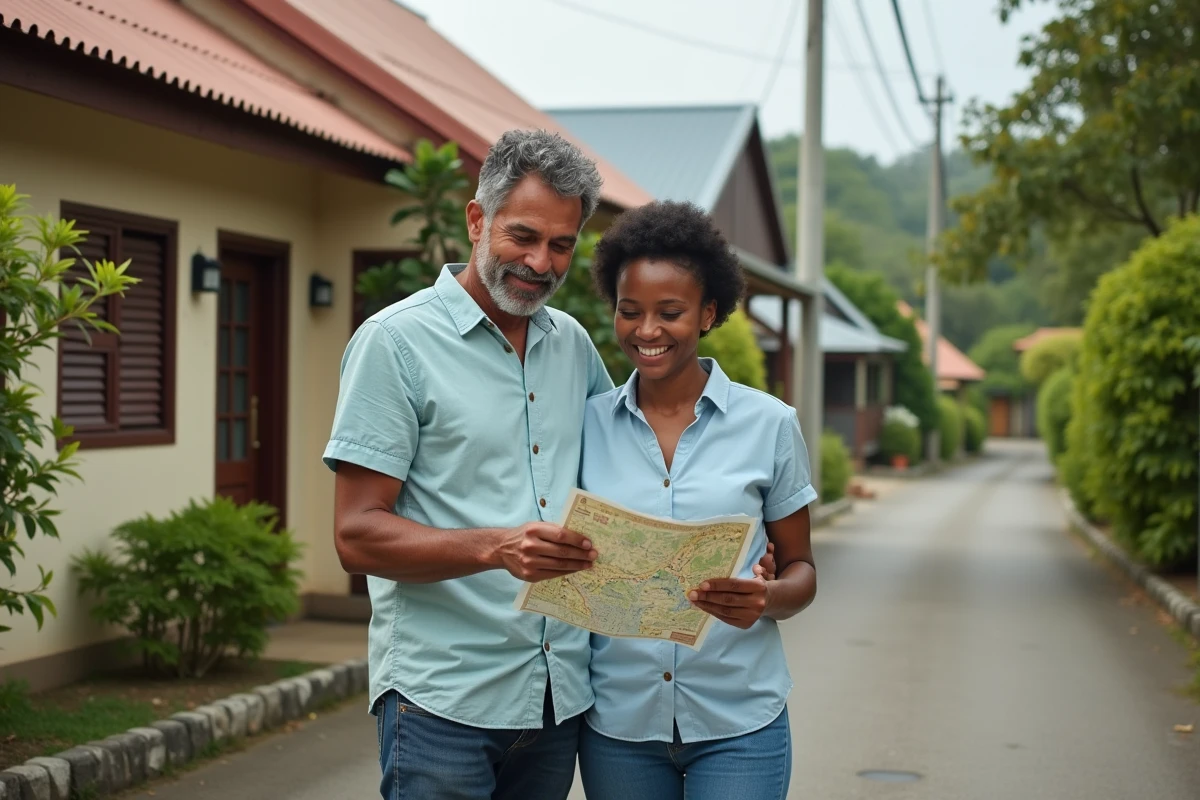 Couple découvrant un quartier résidentiel de Nouméa devant un bungalow calédonien typique avec jardin tropical