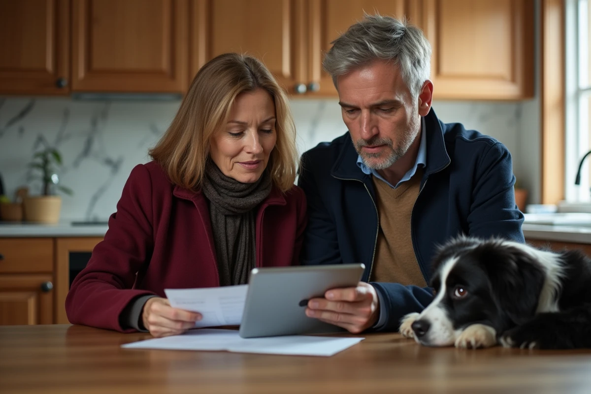 Couple consultant des documents d'assurance animale à la maison avec leur border collie, illustrant le processus de souscription d'une assurance pour animaux