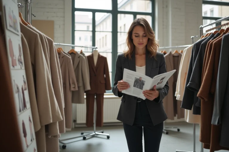Créatrice de mode en atelier parisien entourée de collections saisonnières et de planches tendances 2025
