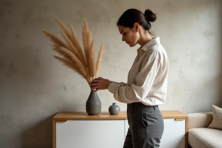 Femme arrangeant des herbes de pampa dans un vase en céramique sur un buffet en chêne dans un intérieur scandinave chaleureux