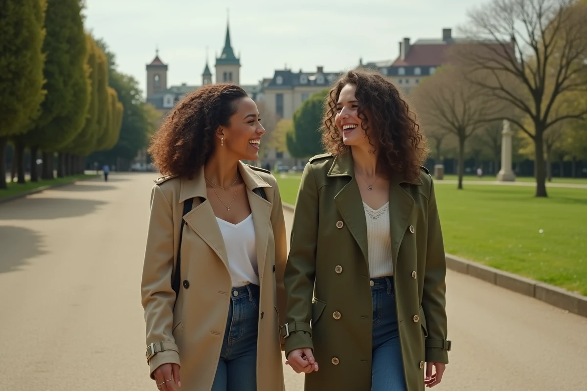 Deux jeunes femmes riant dans un parc urbain