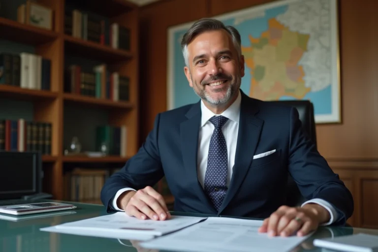 Directeur banque en costume navy dans un bureau moderne