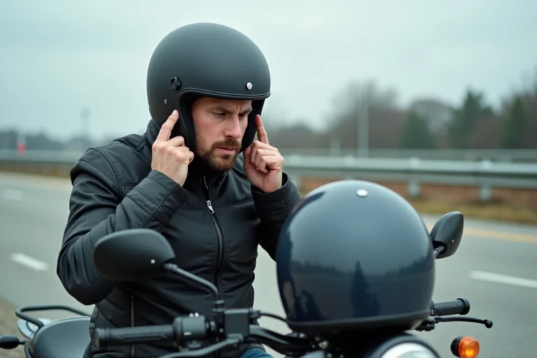 Motard appuyant ses doigts sur ses tempes pour soulager une douleur causée par les points de pression du casque moto