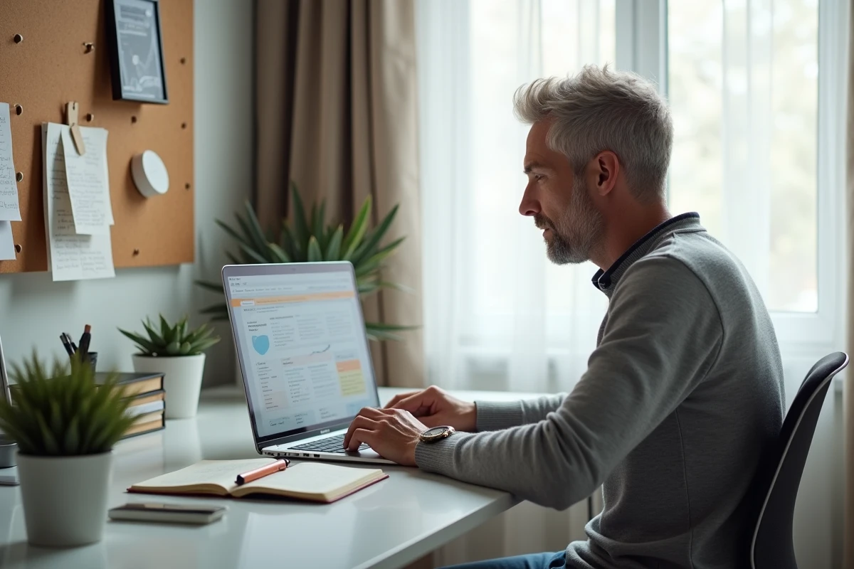Entrepreneur travaillant seul sur sa stratégie digitale depuis un bureau à domicile minimaliste