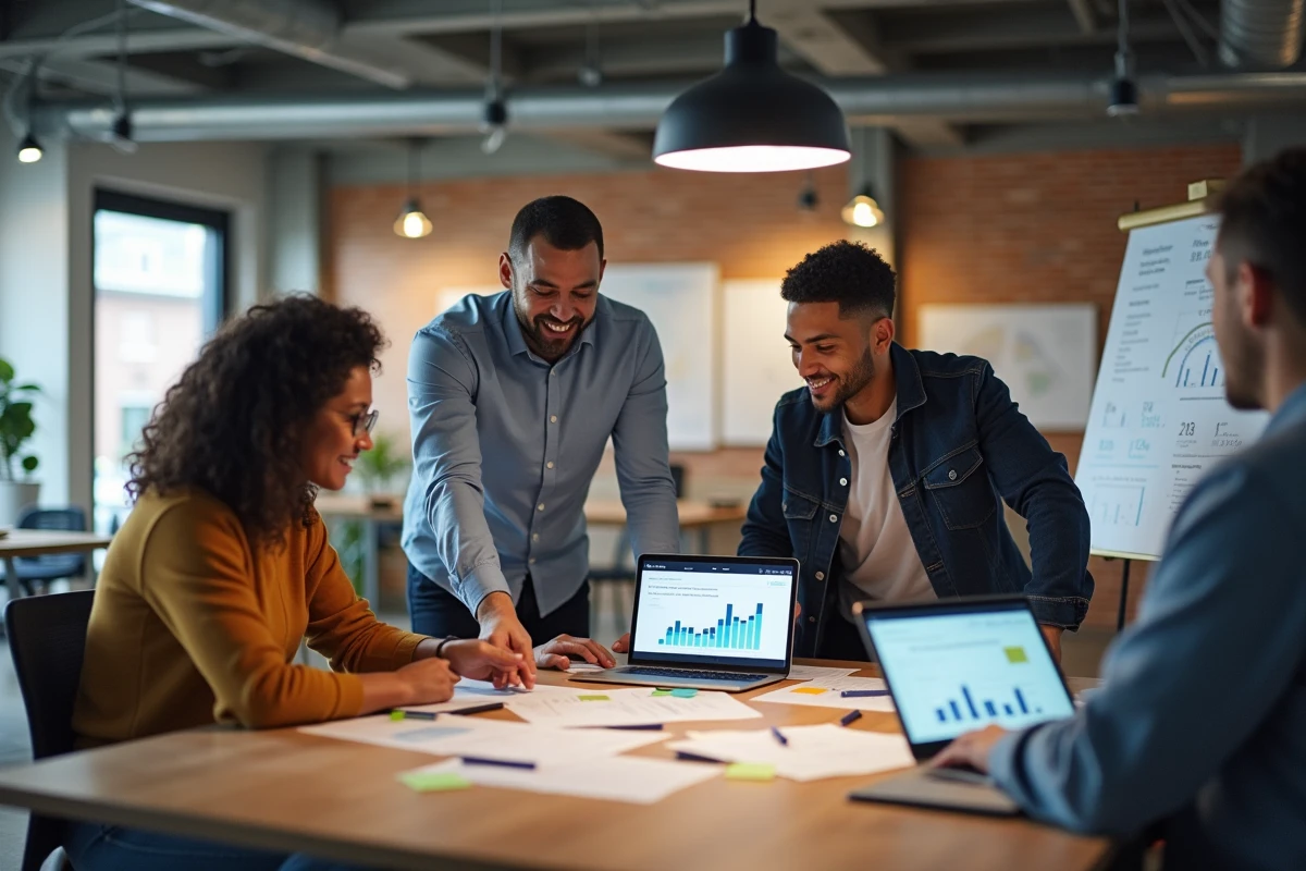 Équipe de professionnels collaborant sur une stratégie de croissance digitale autour d'une table de réunion