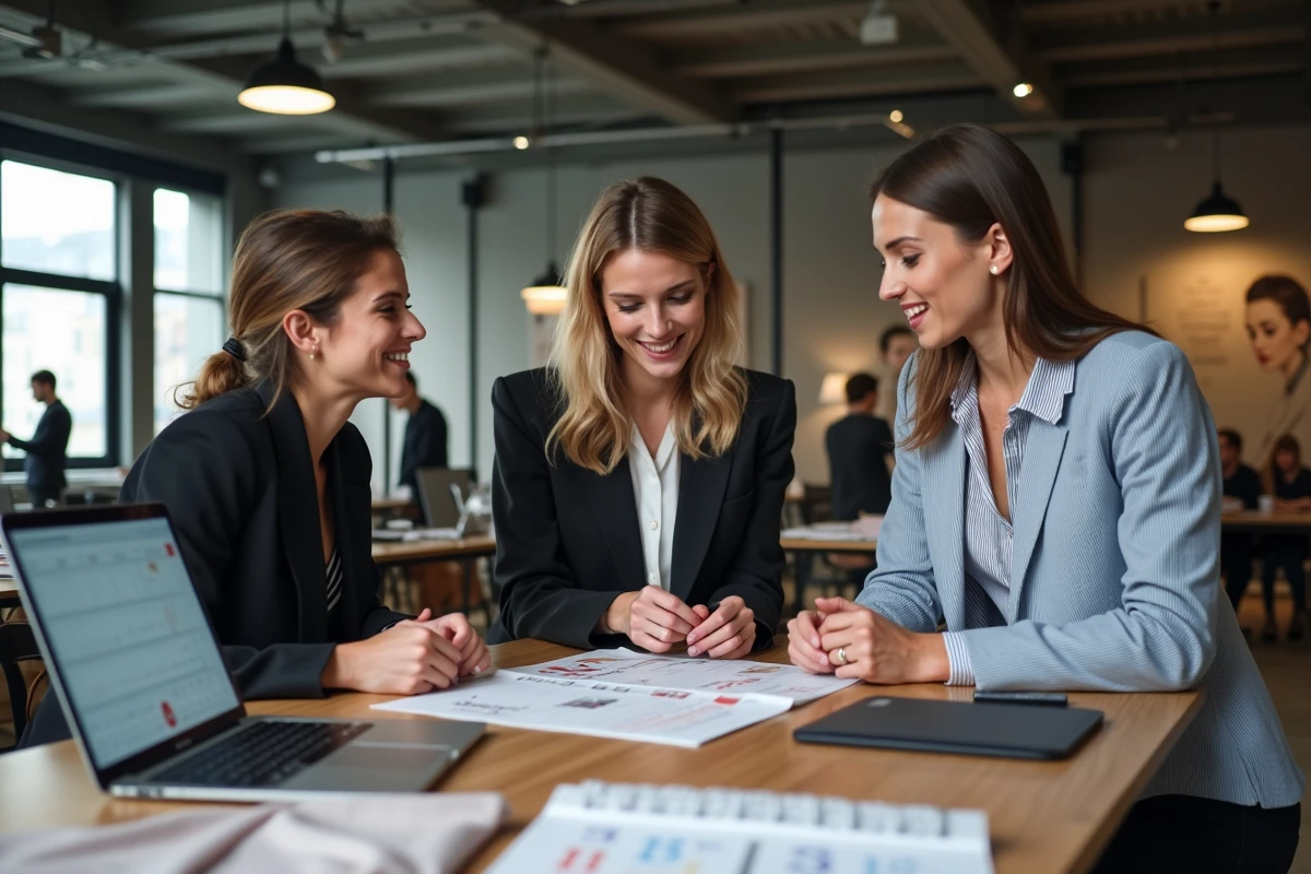 Équipe de professionnels de la mode planifiant les collections annuelles autour d'une table avec des calendriers de fashion week