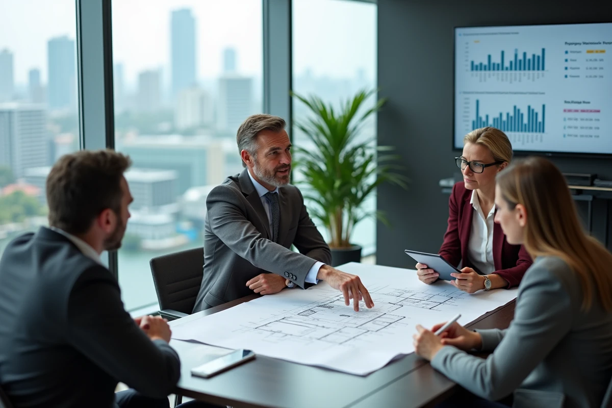 Équipe de professionnels de l'immobilier discutant des innovations du marché autour d'une table de réunion moderne