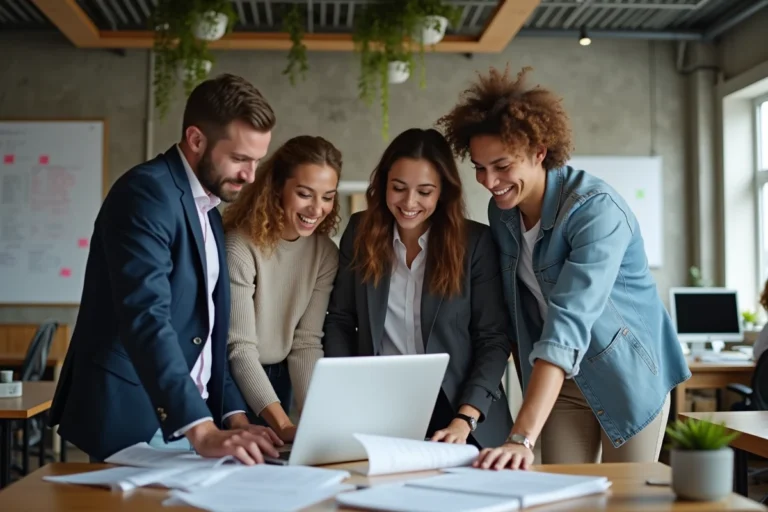 Équipe de collaborateurs d'une start-up automobile en réunion informelle dans un open-space moderne, illustrant l'ambiance de travail chez Capcar