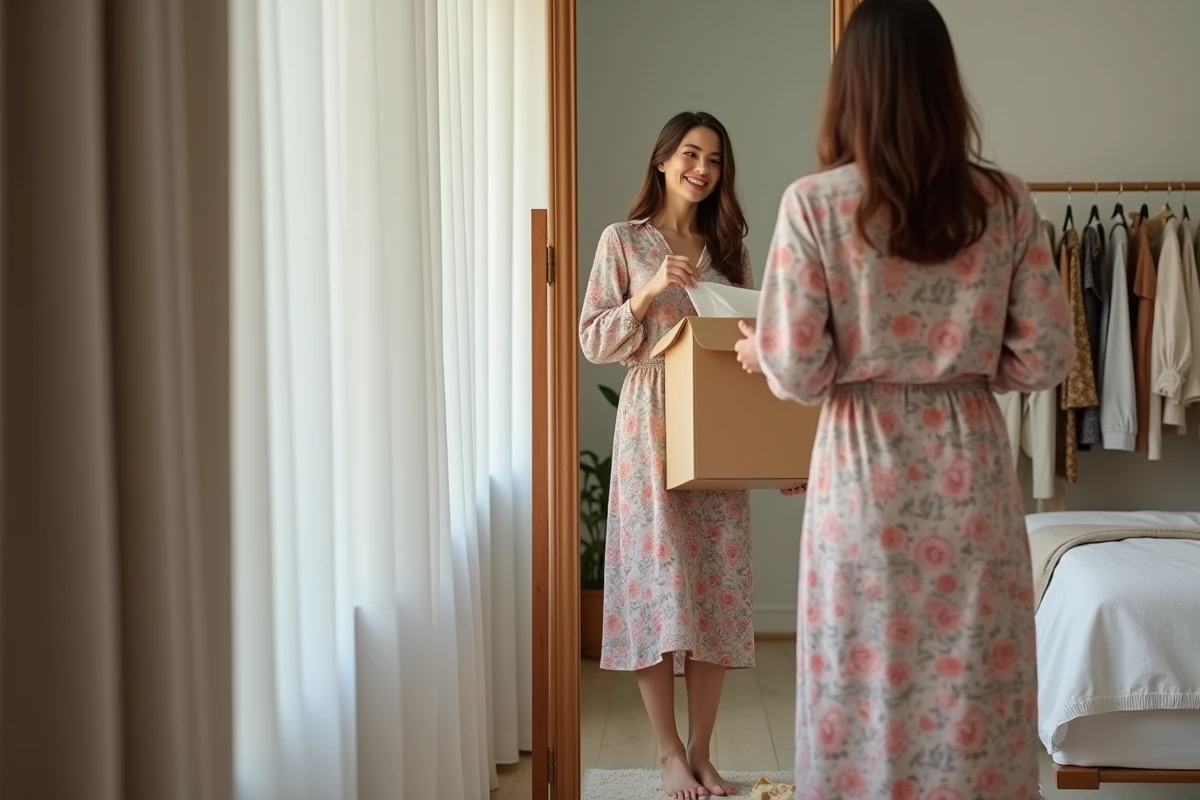 Jeune femme essayant une robe commandée en ligne devant un miroir dans sa chambre, découvrant sa livraison de mode avec satisfaction