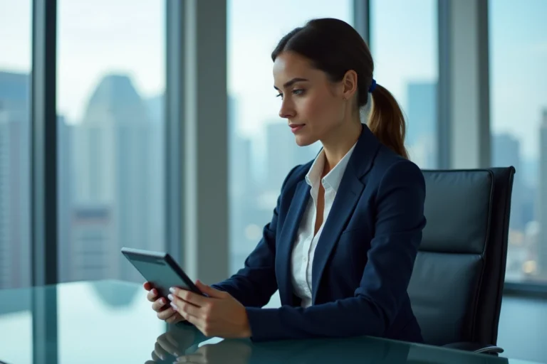Femme d'affaires confiante en tailleur navy dans un bureau moderne