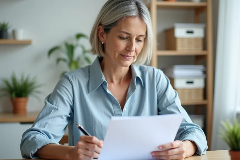 Femme consultant une attestation de villégiature à son bureau à domicile