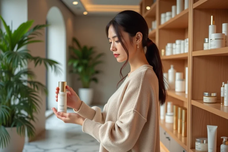 Femme élégante choisissant des produits de soin haut de gamme