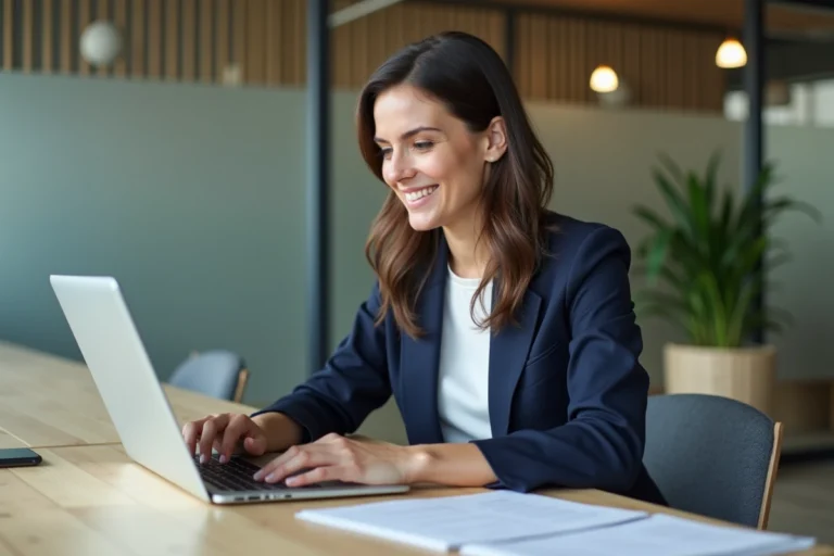 Femme confiante au bureau avec ordinateur et ambiance moderne