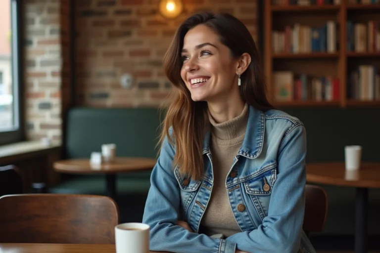 Femme souriante dans un café parisien cosy
