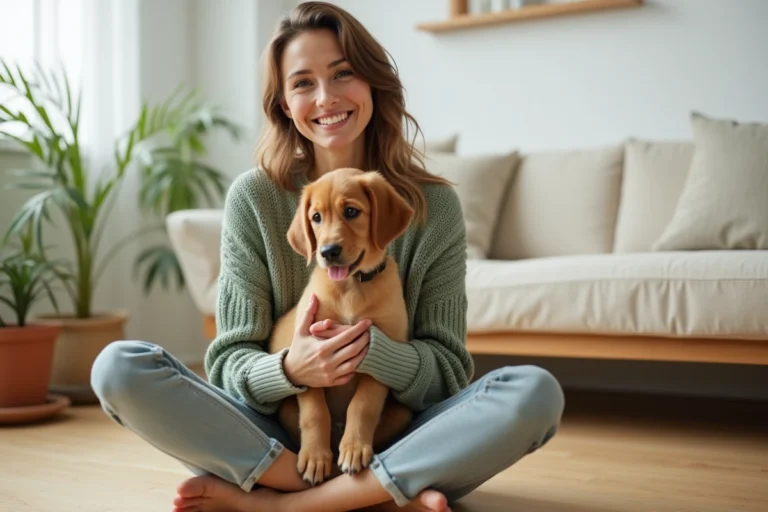 Femme tenant affectueusement son chiot golden retriever dans un salon moderne, illustrant l'importance de l'assurance animale pour protéger son compagnon