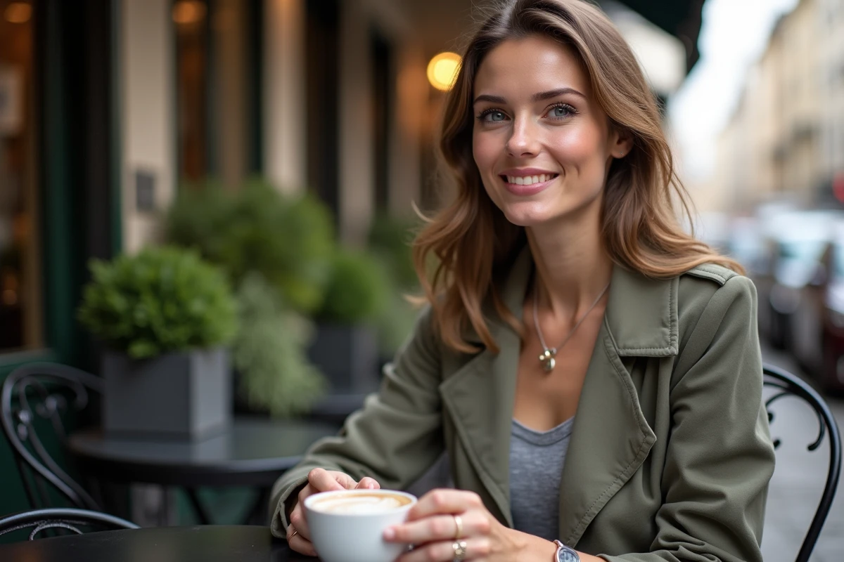 Femme élégante attablée en terrasse de café parisien, portrait lifestyle éditorial pour article people