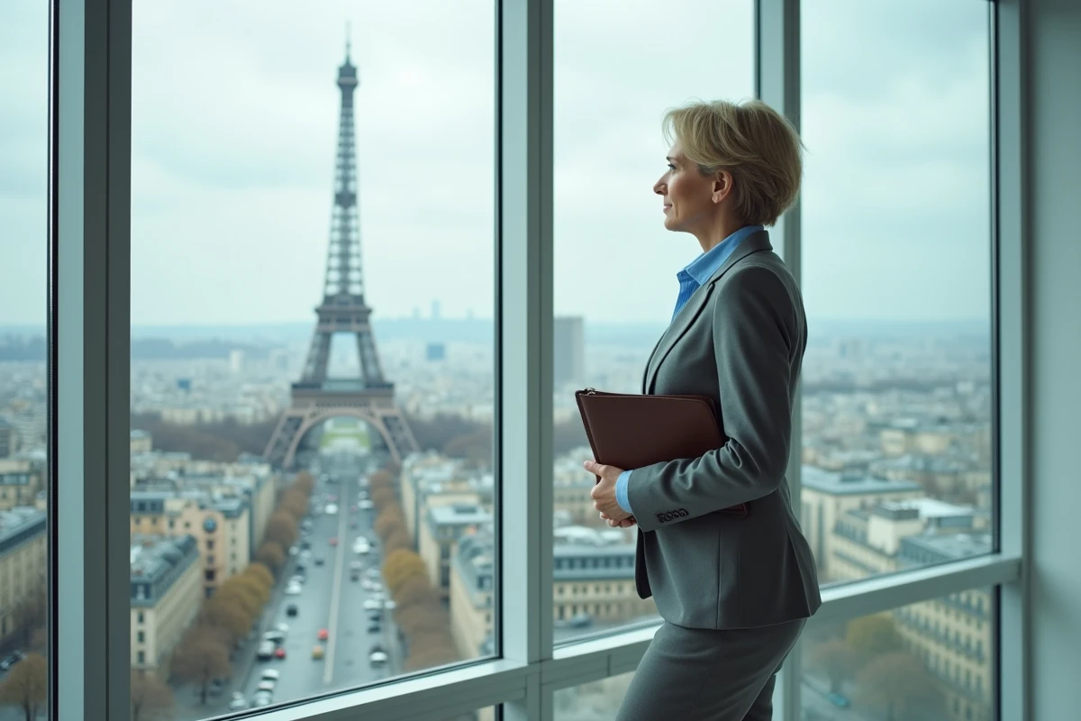 Femme directrice regardant la ville de Paris depuis une fenêtre