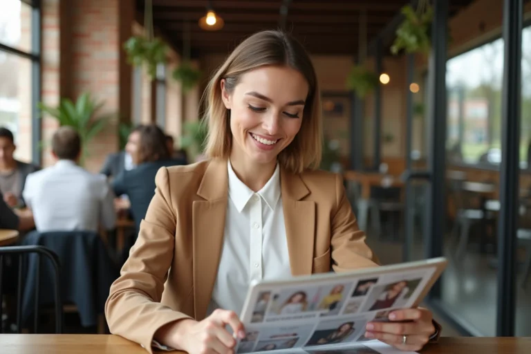 Femme moderne élégante consultant un magazine de mode sur tablette dans un café contemporain