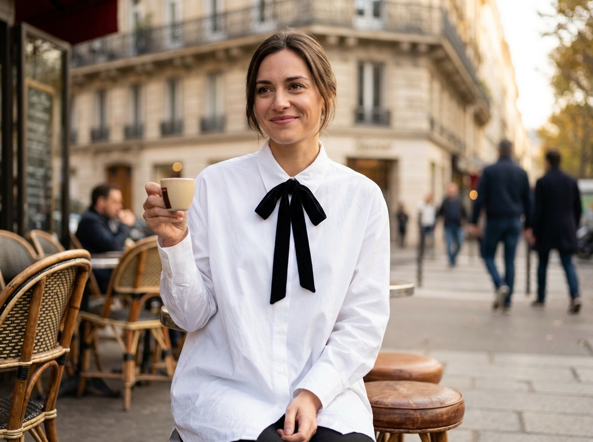 Femme élégante portant un nœud papillon en velours noir avec une chemise blanche dans un café parisien en automne