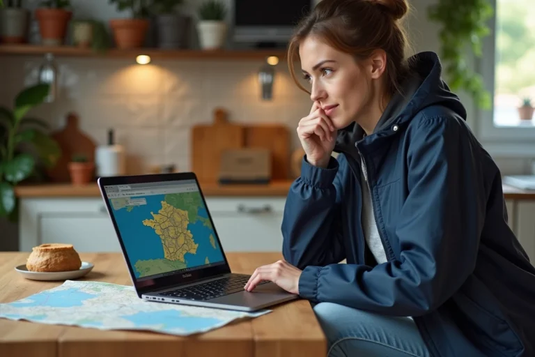 Jeune femme regardant une carte topographique de France sur son ordinateur