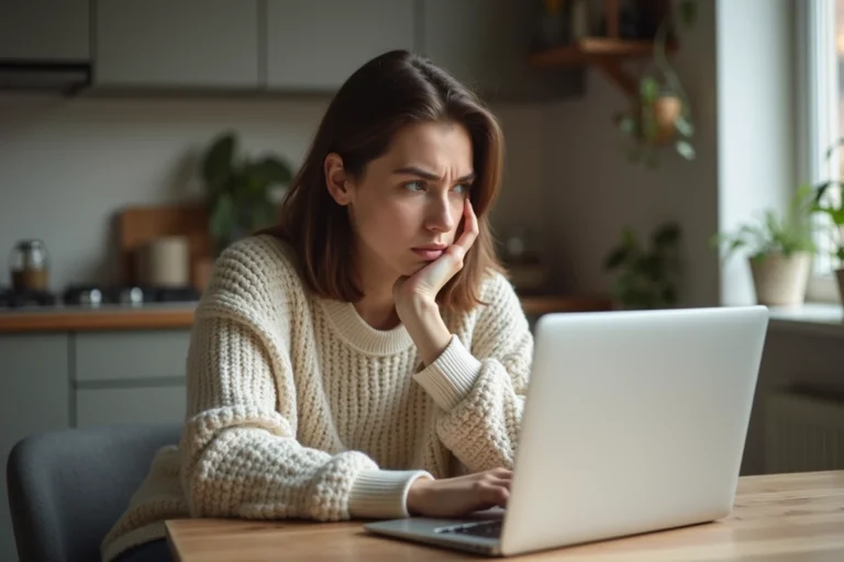 Jeune femme concentrée sur son ordinateur portable pour Vinted