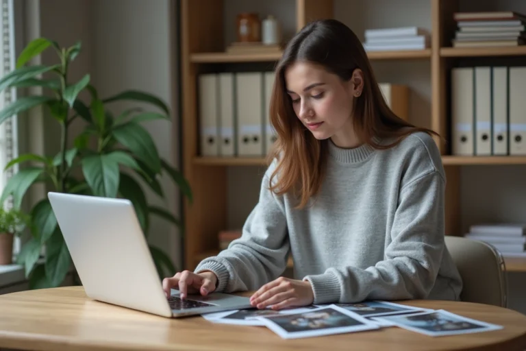 Jeune femme organise des photos chez elle dans un bureau