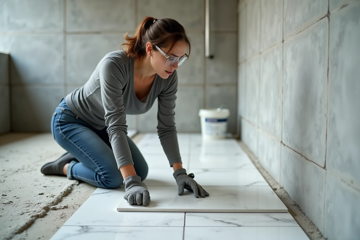 Femme posant du carrelage dans une salle de bain en travaux de rénovation