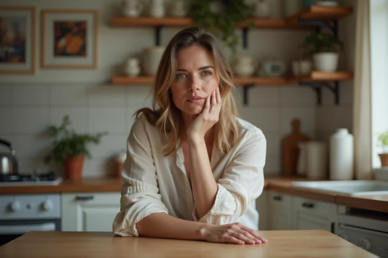 Femme assise à la cuisine avec expression réfléchie
