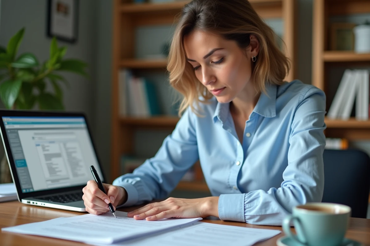 Femme remplissant un formulaire administratif Cerfa à son bureau à domicile avec un stylo et un ordinateur portable ouvert