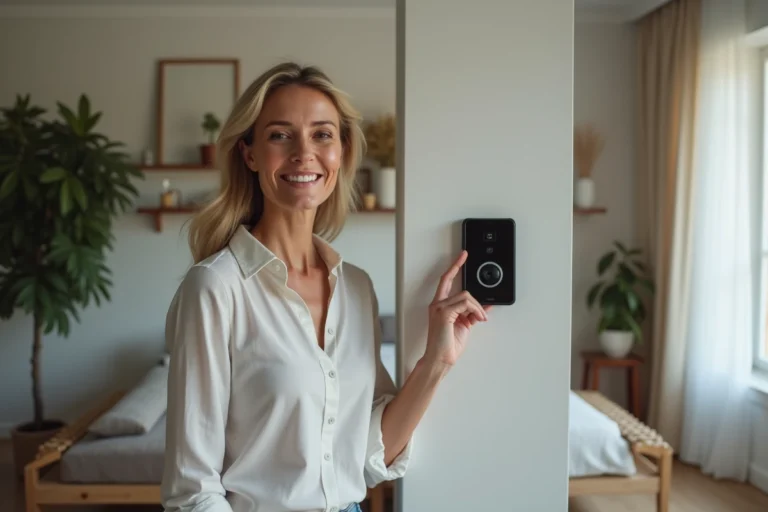 Femme souriante utilisant un panneau de sécurité connecté