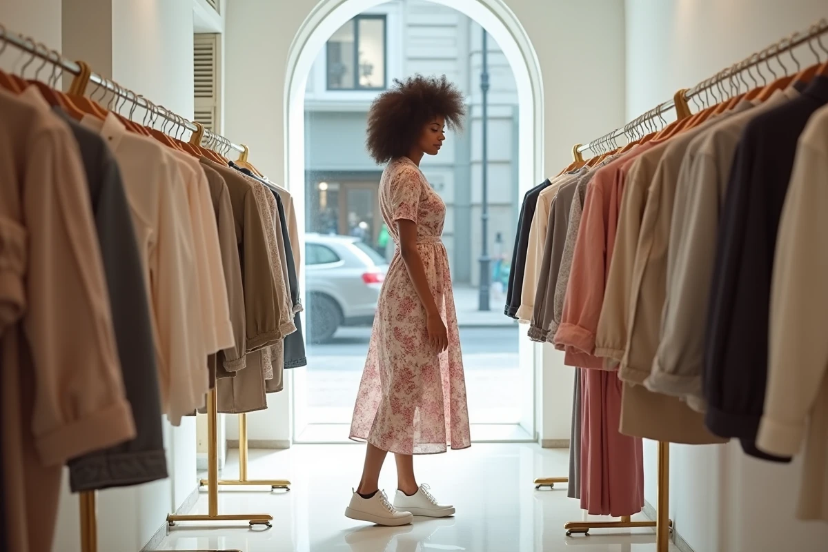 Femme élégante aux cheveux bouclés faisant du shopping dans une boutique de mode tendance en ville