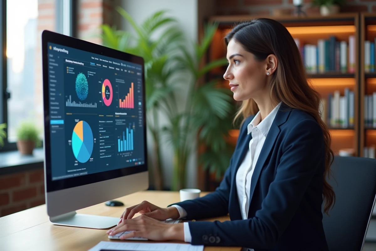 Femme d'affaires analysant une stratégie digitale sur un écran d'ordinateur dans un bureau moderne