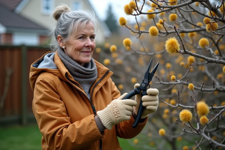 Femme taillant un mimosa dans un jardin au matin